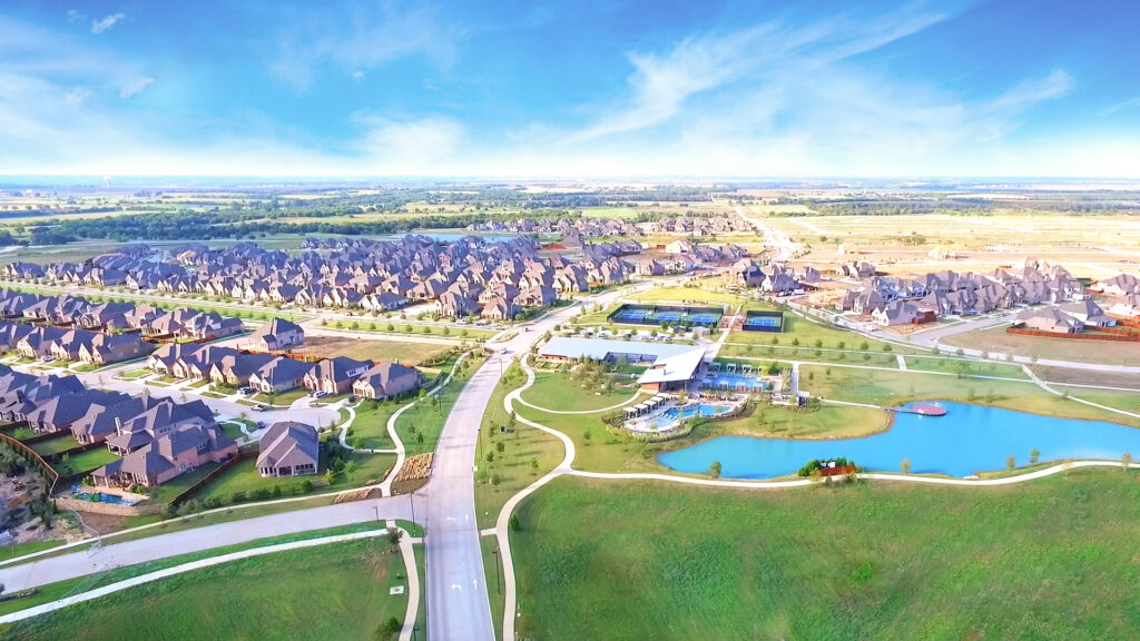 Aerial view of the Windsong Ranch community in Prosper, TX.